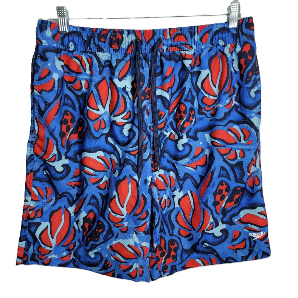 Speedo Mens XL Swim Trunks Blue Red Abstract Tropical Leaf Mesh Lined 9 Inseam